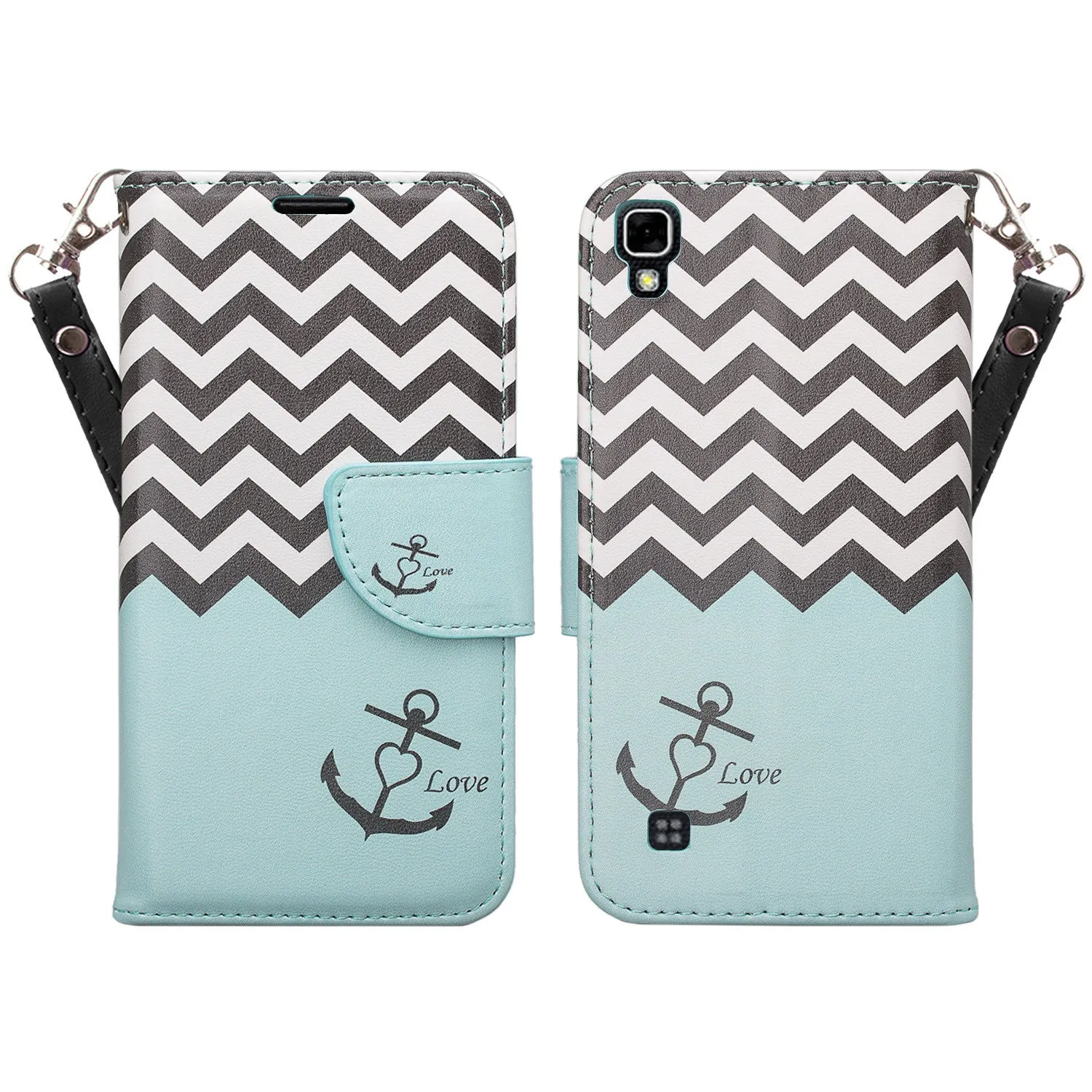 LG X Power Case, Wrist Strap Magnetic Fold[Kickstand] Pu Leather Wallet Case with ID & Credit Card Slots for LG X Power - Teal Anchor
