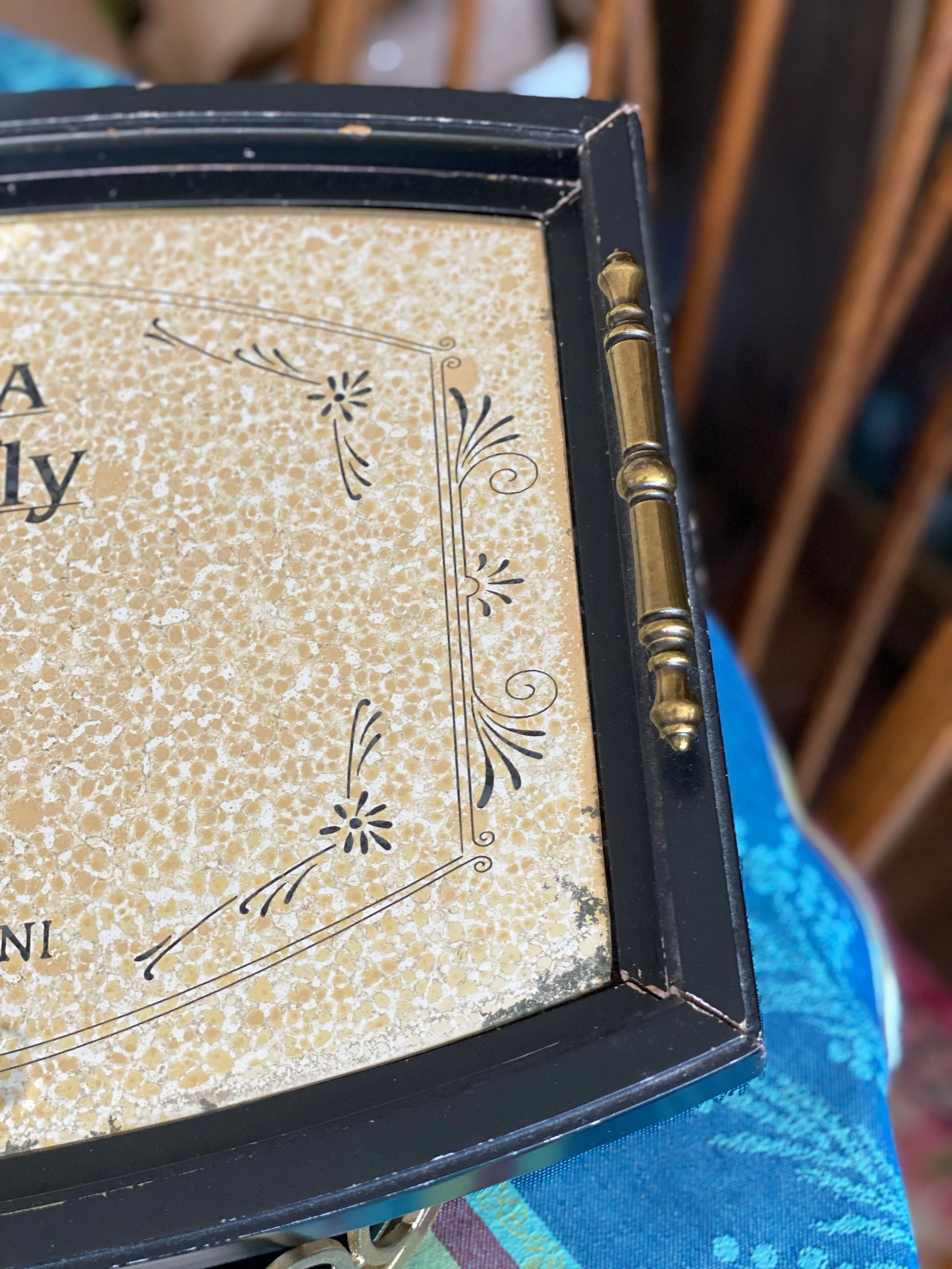 Madame Butterfly Tray, Gold Interior, Black Graphics, Metal Handles, Vintage