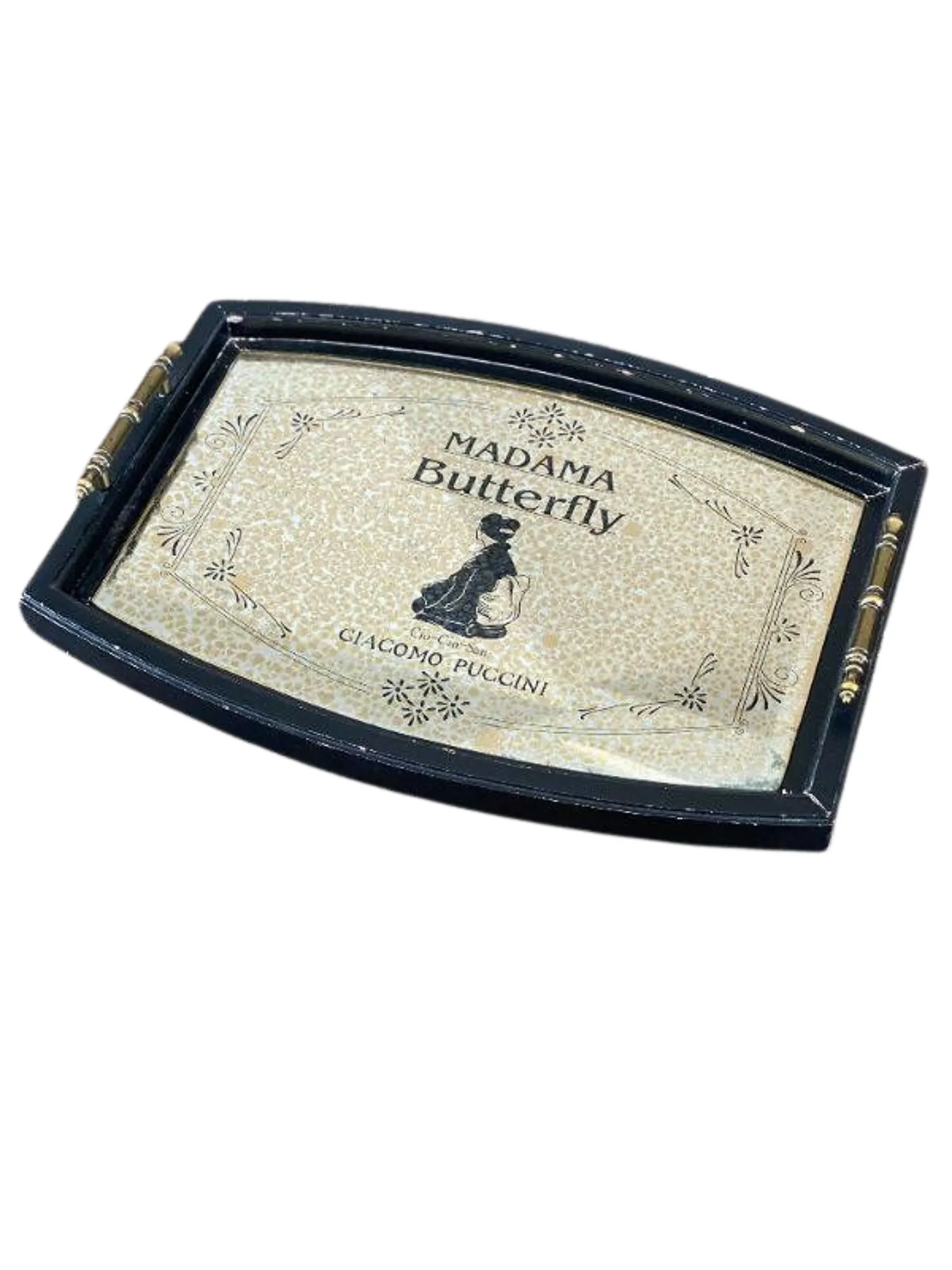 Madame Butterfly Tray, Gold Interior, Black Graphics, Metal Handles, Vintage