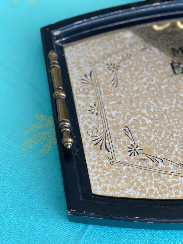 Madame Butterfly Tray, Gold Interior, Black Graphics, Metal Handles, Vintage