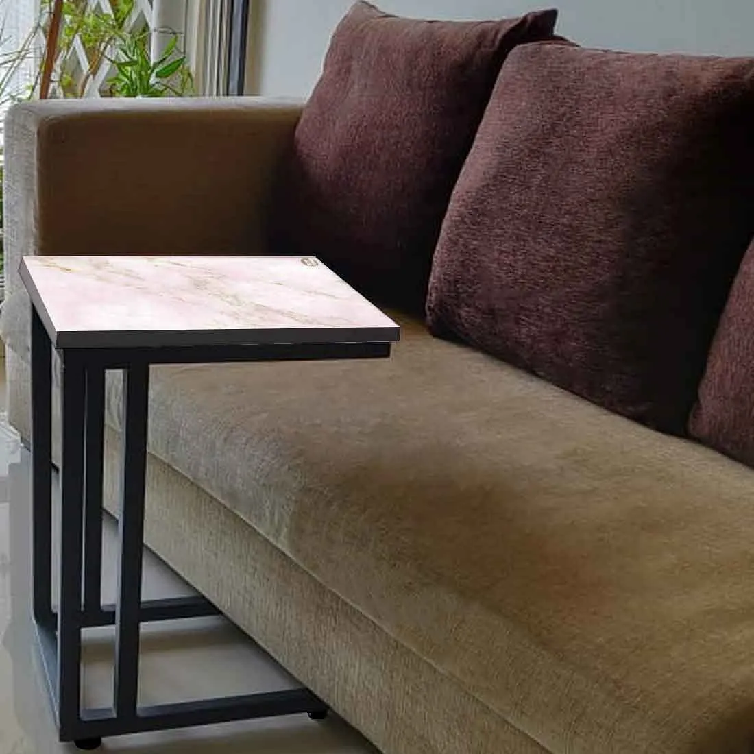 Marble C Shaped Table -Digital Print - Not Real Marble - Pink Effect