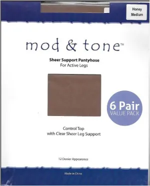 Mod & Tone Clear Sheer Support Pantyhose 6 Pack 12D-1221-6