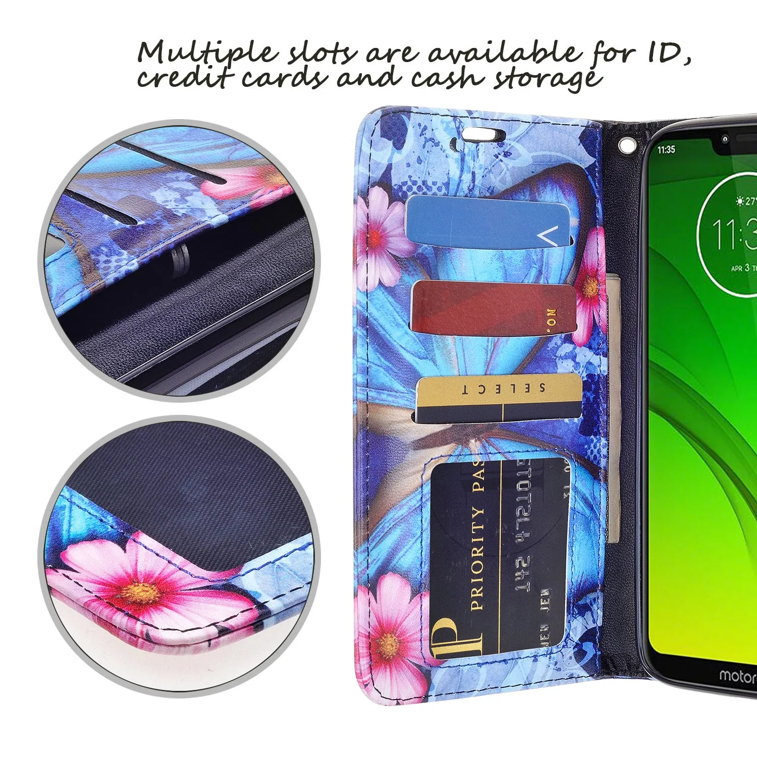 Motorola Moto G7 Power/G7 Supra/G7 Optimo Maxx Wallet Case, Wrist Strap Pu Leather Wallet Case [Kickstand] with ID & Credit Card Slots - Blue Butterfly