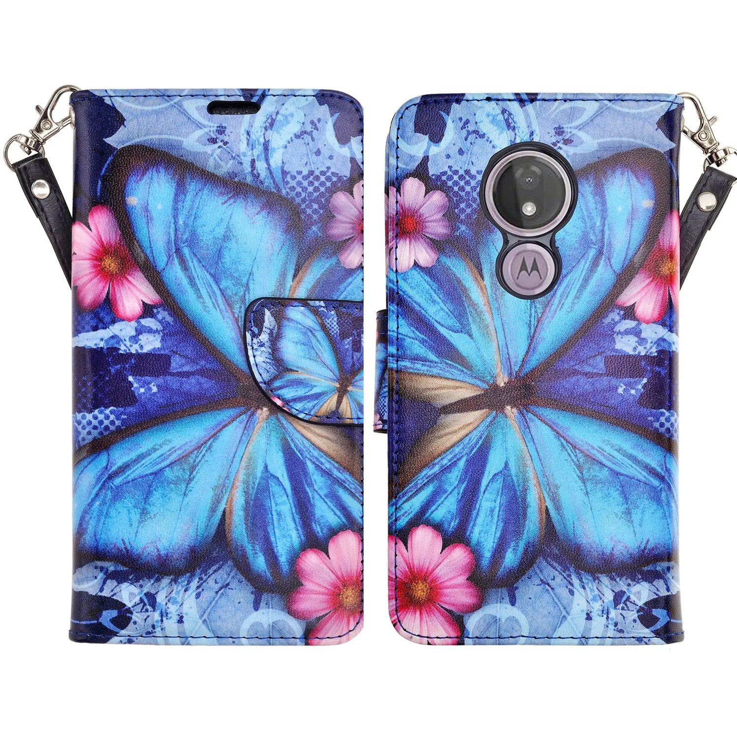 Motorola Moto G7 Power/G7 Supra/G7 Optimo Maxx Wallet Case, Wrist Strap Pu Leather Wallet Case [Kickstand] with ID & Credit Card Slots - Blue Butterfly
