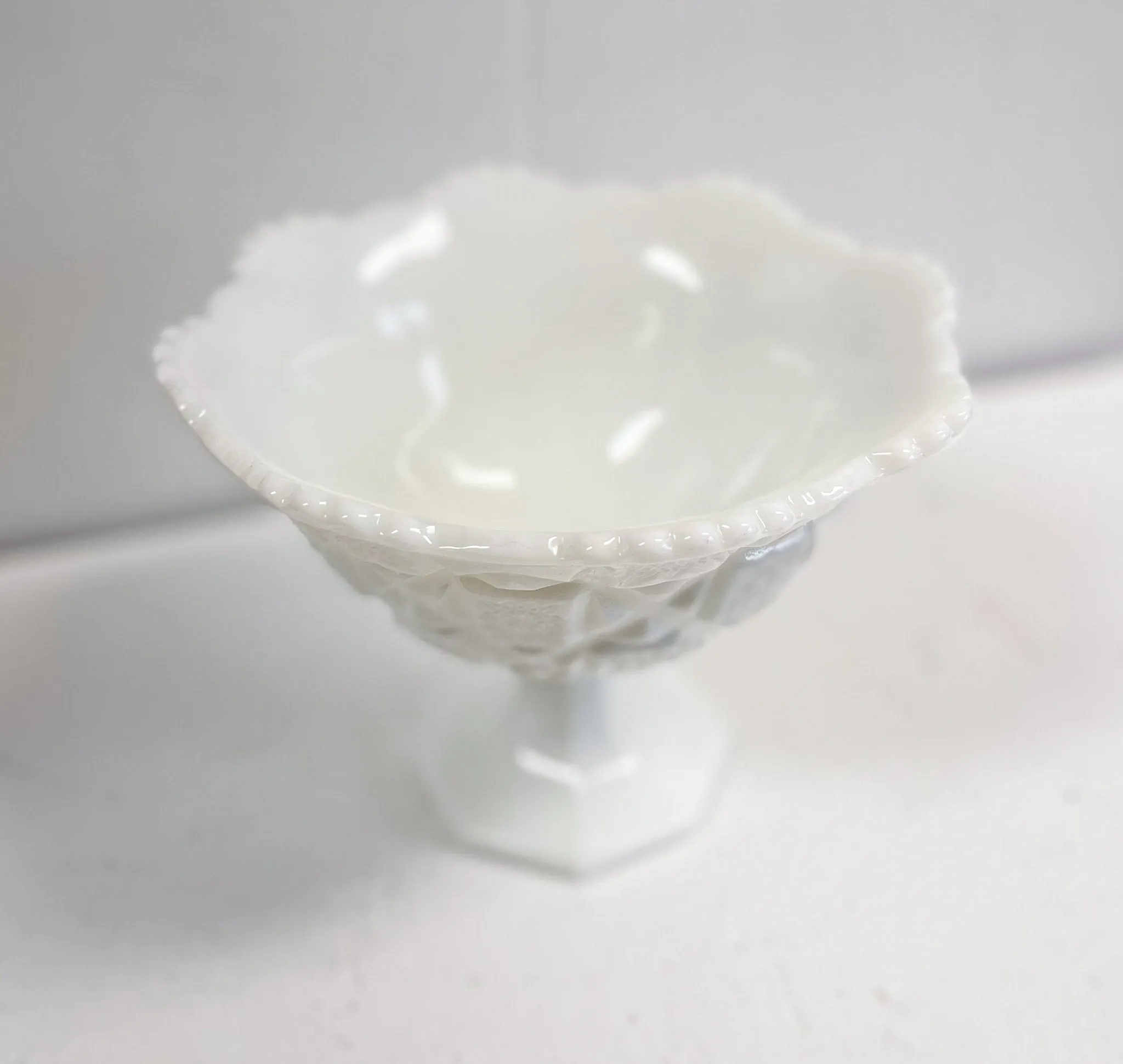 Old Quilt Milk Glass Footed Bell Bowl - Westmoreland