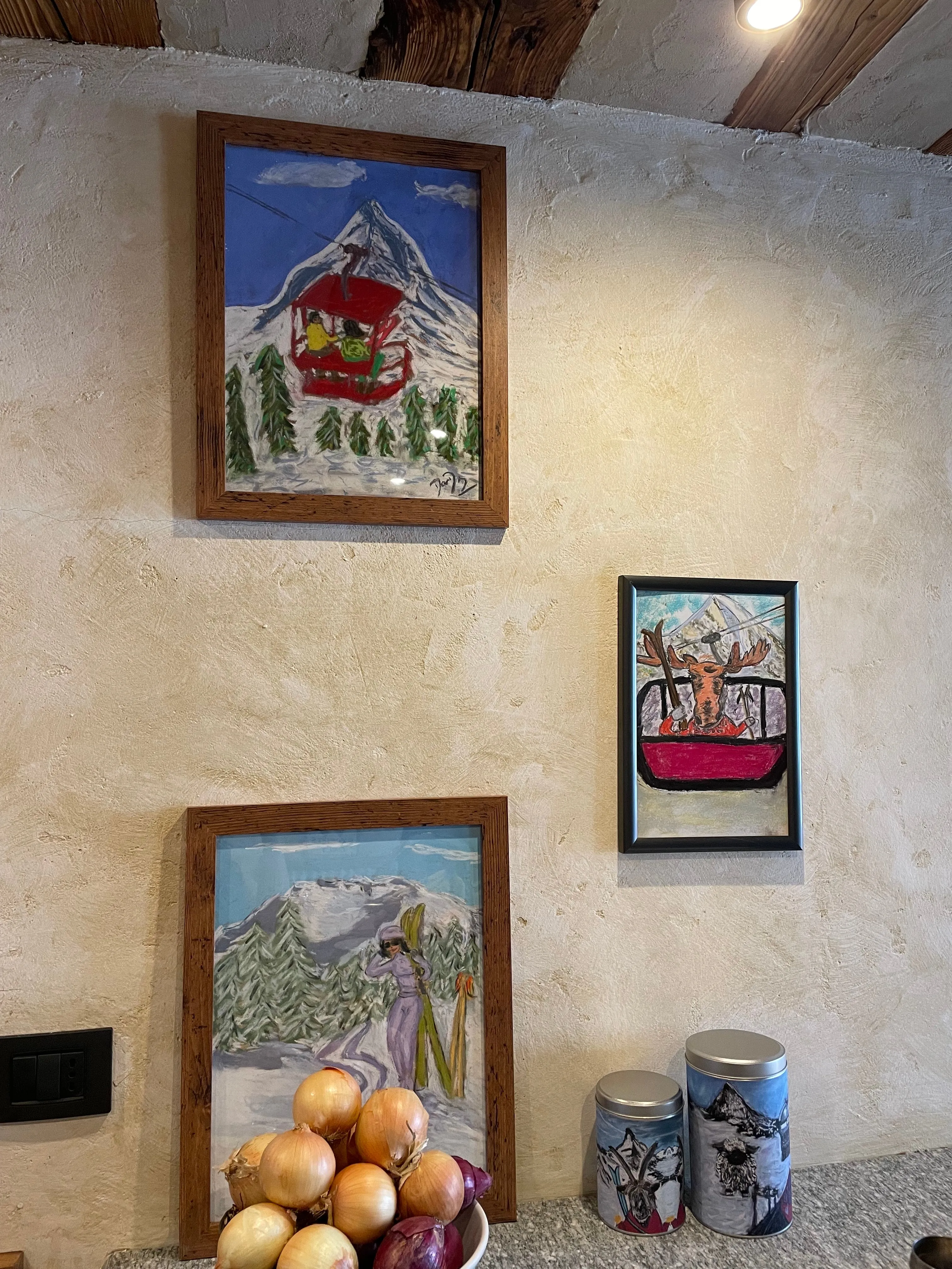Painting of a couple on an old chairlift in Zermatt with Matterhorn