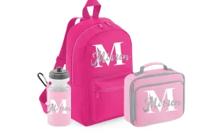 PERSONALISED: GLITTER your name, initial mini backpack back pack, lunch bag box and water bottle school set gym pe nursery bag - pink