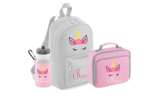 PERSONALISED: your name mini backpack back pack, lunch bag box and water bottle school set gym pe nursery bag unicorn your name - pink grey