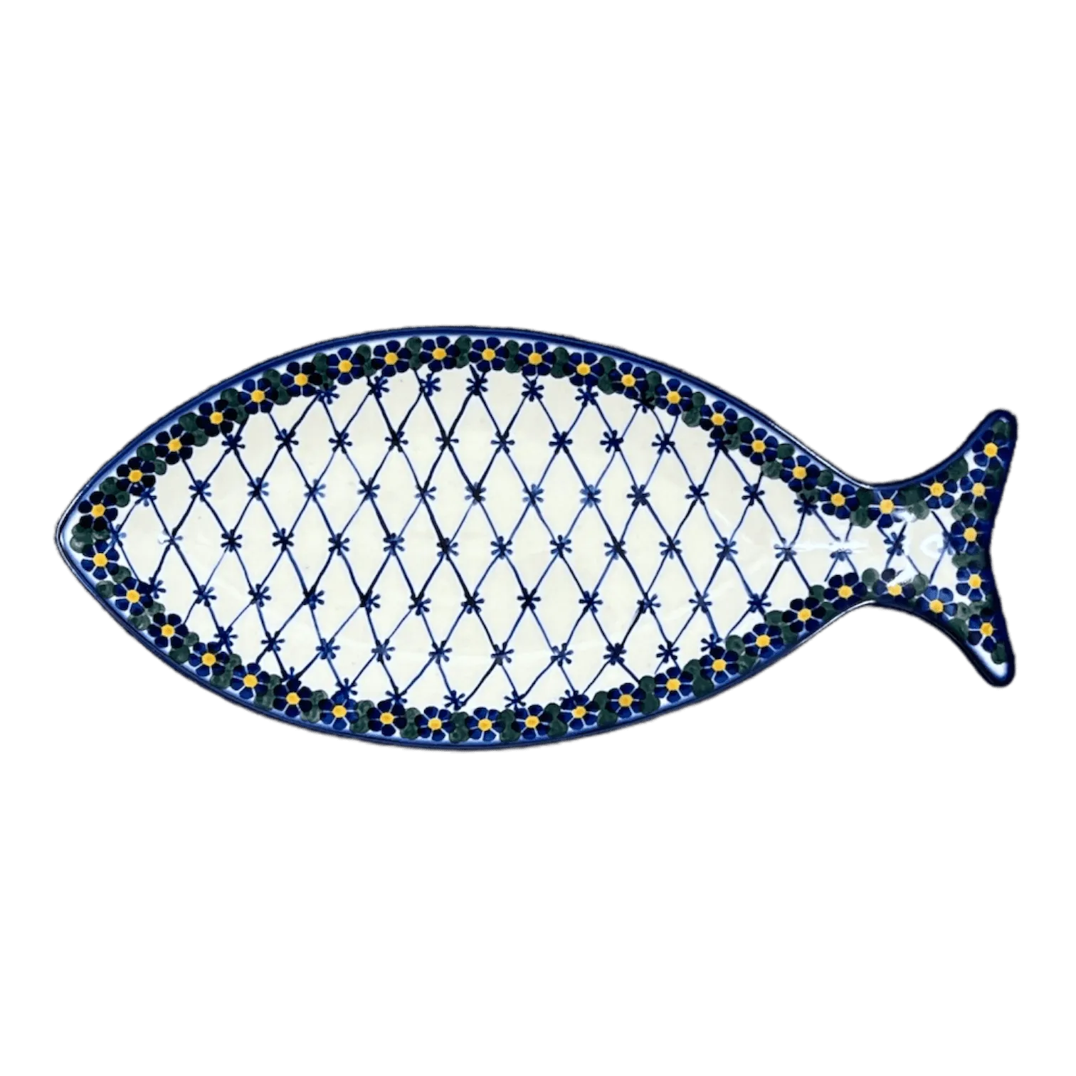 Plate, Fish-Shaped, 14.5" x 6.5", WR (WR13O) in "Blue Floral Trellis" by W.R. Ceramika | WR13O-DT3