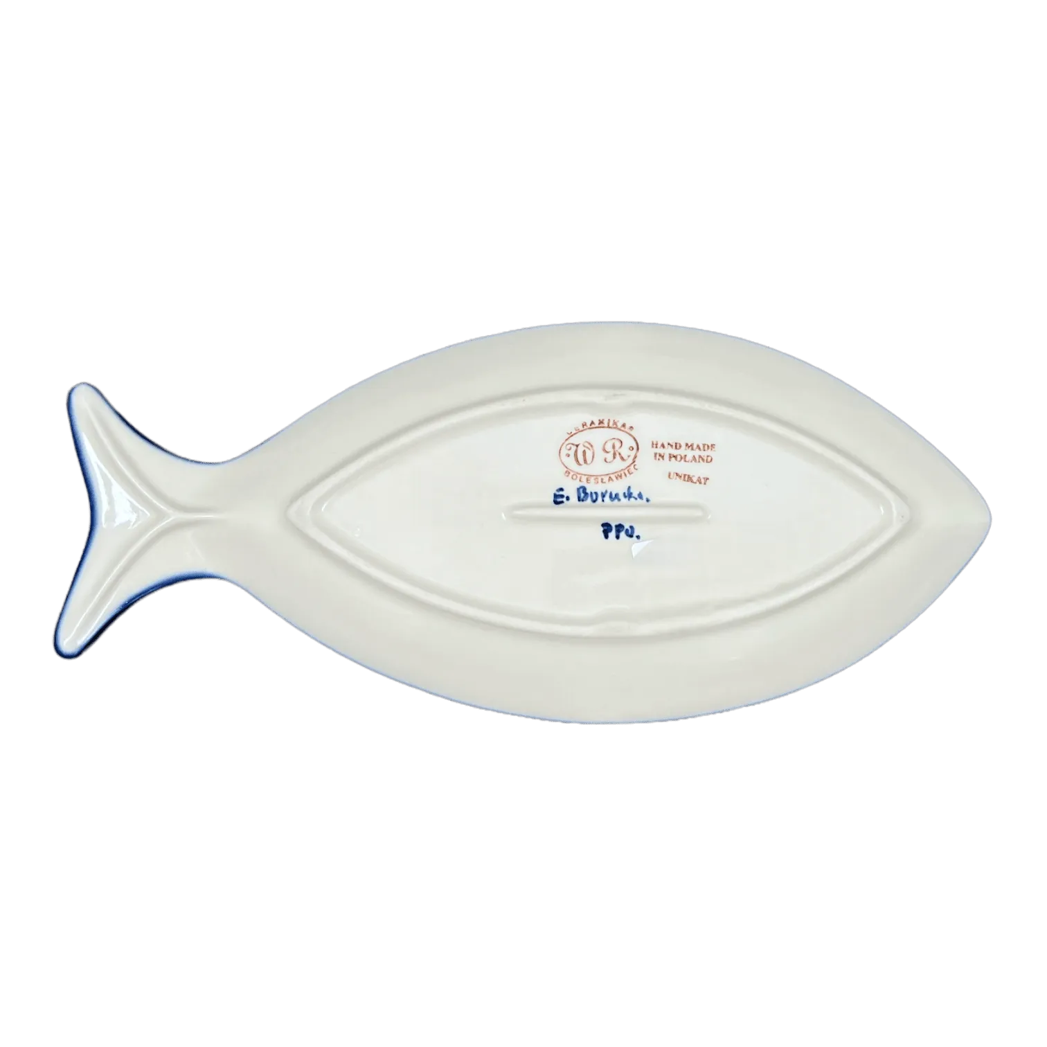 Plate, Fish-Shaped, 14.5" x 6.5", WR (WR13O) in "Blue Floral Trellis" by W.R. Ceramika | WR13O-DT3