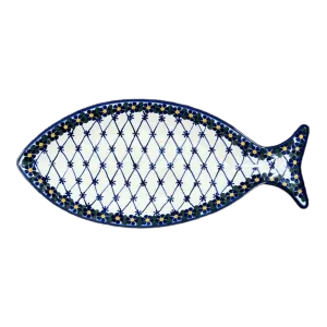 Plate, Fish-Shaped, 14.5" x 6.5", WR (WR13O) in "Blue Floral Trellis" by W.R. Ceramika | WR13O-DT3