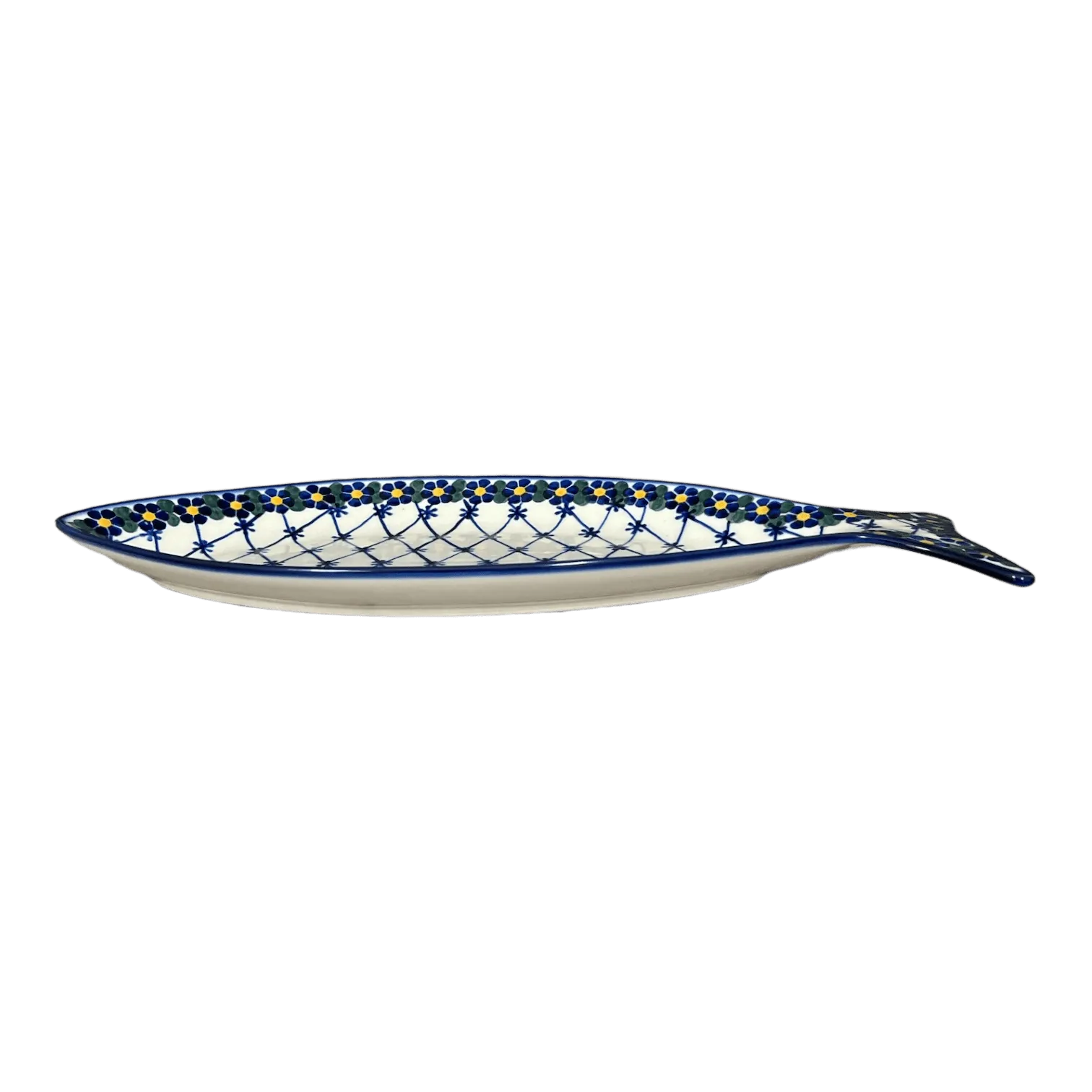 Plate, Fish-Shaped, 14.5" x 6.5", WR (WR13O) in "Blue Floral Trellis" by W.R. Ceramika | WR13O-DT3