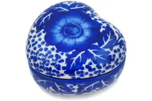 Polish Pottery 4" Heart Shaped Jar Cobalt Fantasy