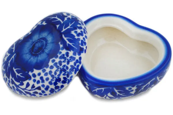 Polish Pottery 4" Heart Shaped Jar Cobalt Fantasy