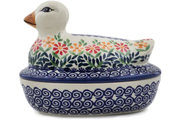 Polish Pottery 7" Duck Shaped Jar Wave Of Flowers