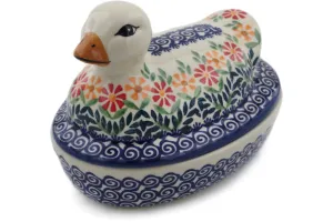 Polish Pottery 7" Duck Shaped Jar Wave Of Flowers