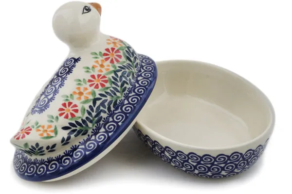 Polish Pottery 7" Duck Shaped Jar Wave Of Flowers