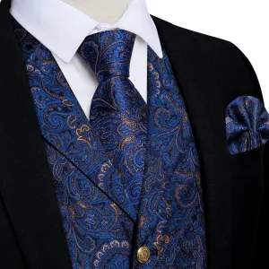 Radiant Blue Paisley Vest Set with Matching Necktie, Hanky, and Cufflinks
