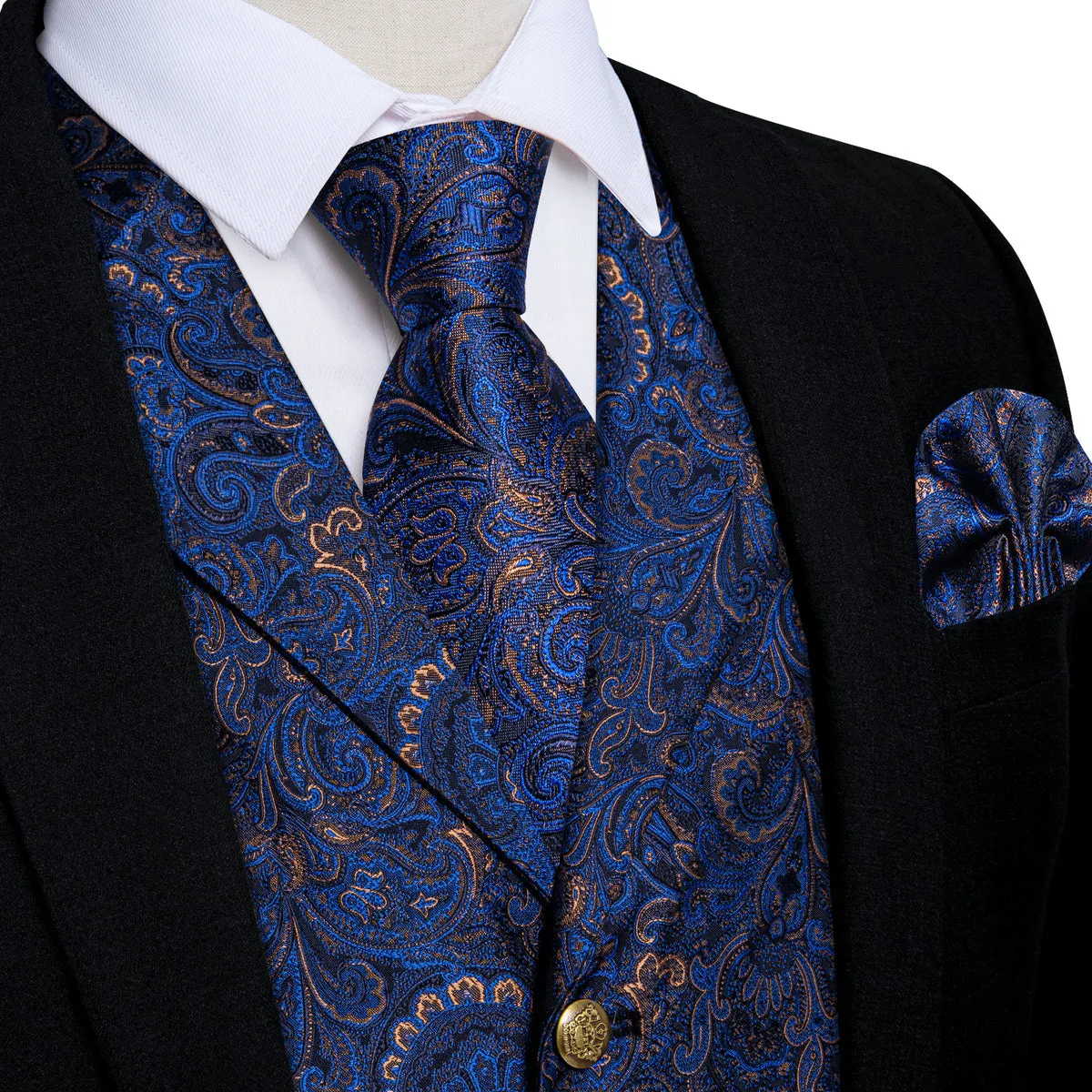 Radiant Blue Paisley Vest Set with Matching Necktie, Hanky, and Cufflinks