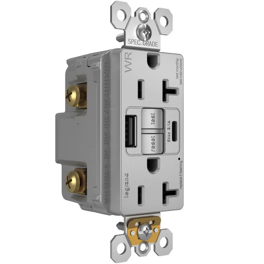 radiant Tamper-Resistant Weather-Resistant 20A GFCI Receptacle, USB Type A/C, Gray