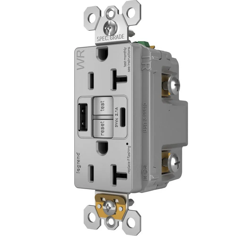 radiant Tamper-Resistant Weather-Resistant 20A GFCI Receptacle, USB Type A/C, Gray