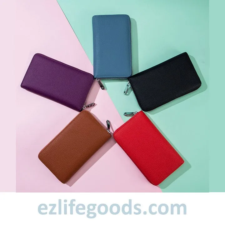 RFID Genuine Leather All Around Zipper Wallet for Women, High Capacity Long Wallet Phone Purse