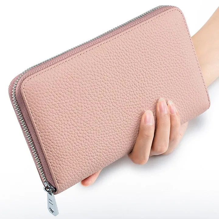 RFID Genuine Leather All Around Zipper Wallet for Women, High Capacity Long Wallet Phone Purse