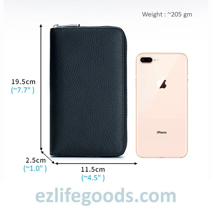 RFID Genuine Leather All Around Zipper Wallet for Women, High Capacity Long Wallet Phone Purse