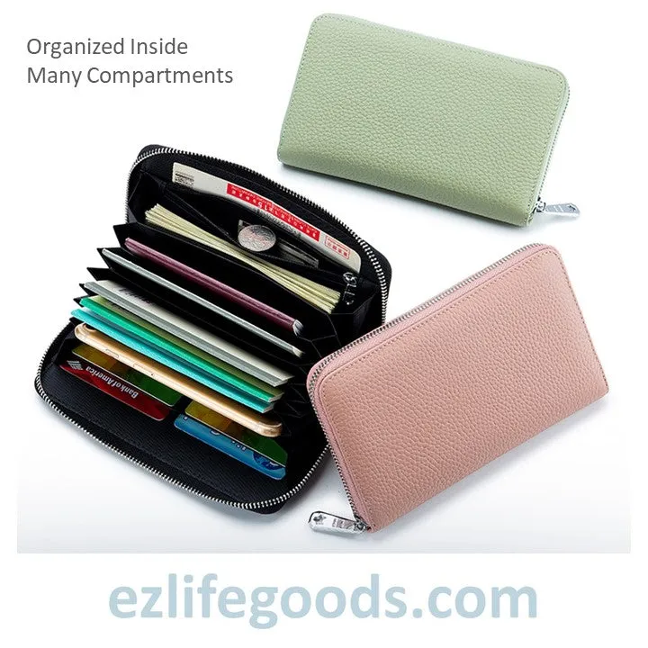 RFID Genuine Leather All Around Zipper Wallet for Women, High Capacity Long Wallet Phone Purse