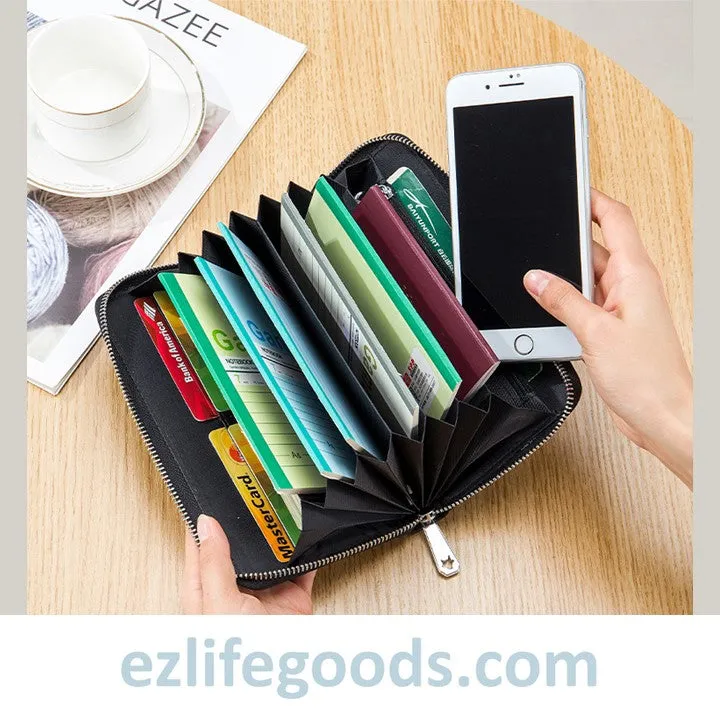 RFID Genuine Leather All Around Zipper Wallet for Women, High Capacity Long Wallet Phone Purse