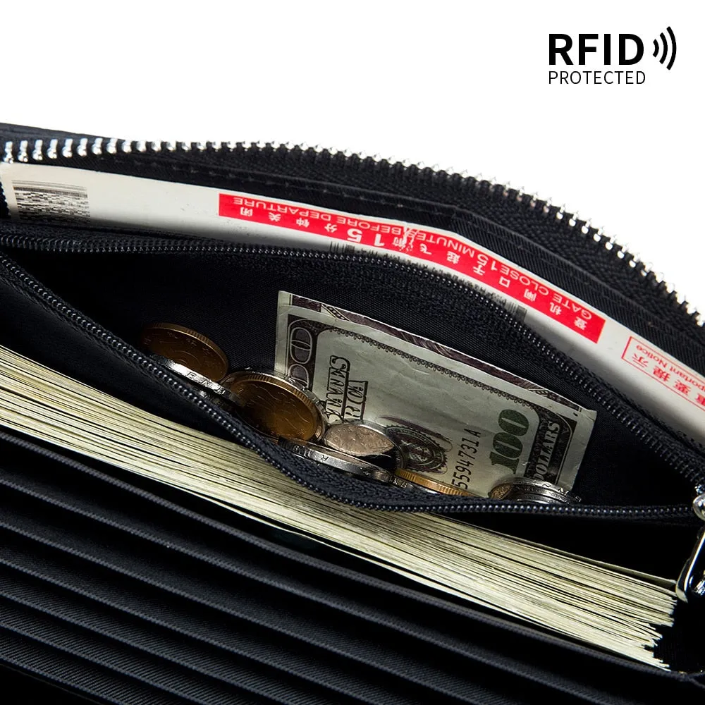 RFID Genuine Leather All Around Zipper Wallet for Women, High Capacity Long Wallet Phone Purse