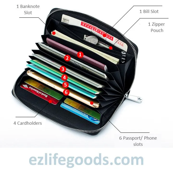 RFID Genuine Leather All Around Zipper Wallet for Women, High Capacity Long Wallet Phone Purse