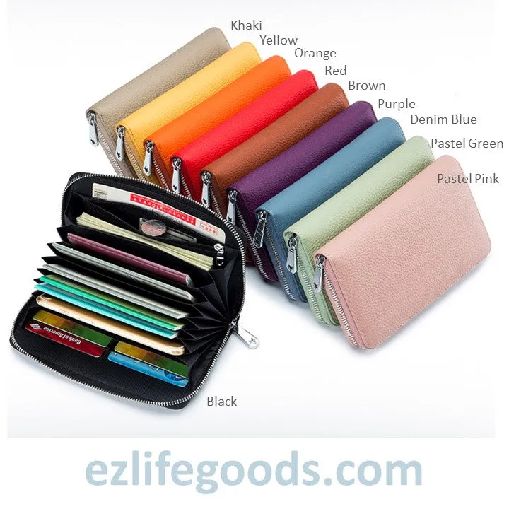 RFID Genuine Leather All Around Zipper Wallet for Women, High Capacity Long Wallet Phone Purse