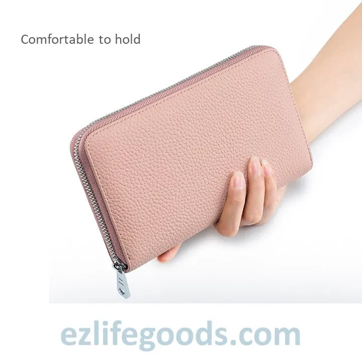 RFID Genuine Leather All Around Zipper Wallet for Women, High Capacity Long Wallet Phone Purse