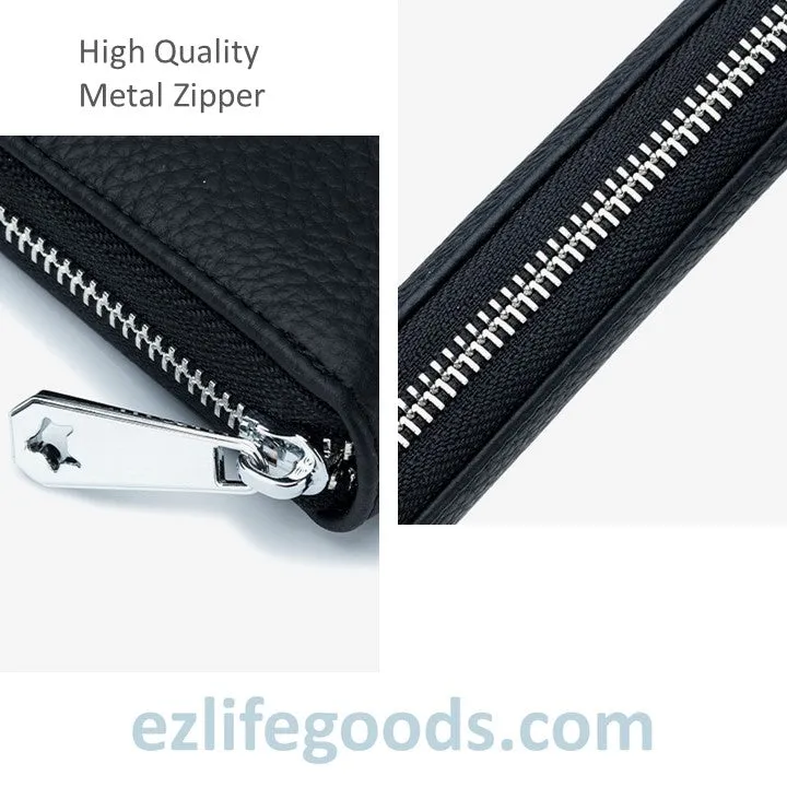 RFID Genuine Leather All Around Zipper Wallet for Women, High Capacity Long Wallet Phone Purse