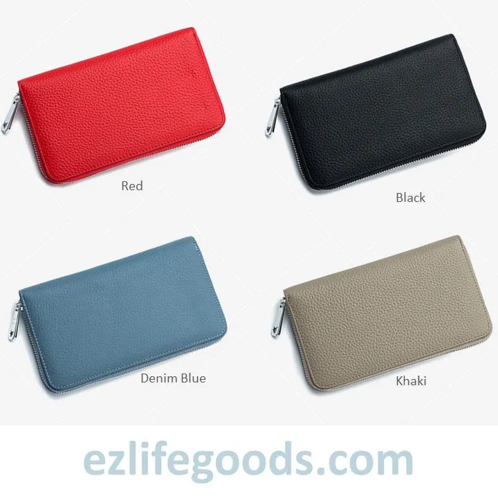 RFID Genuine Leather All Around Zipper Wallet for Women, High Capacity Long Wallet Phone Purse