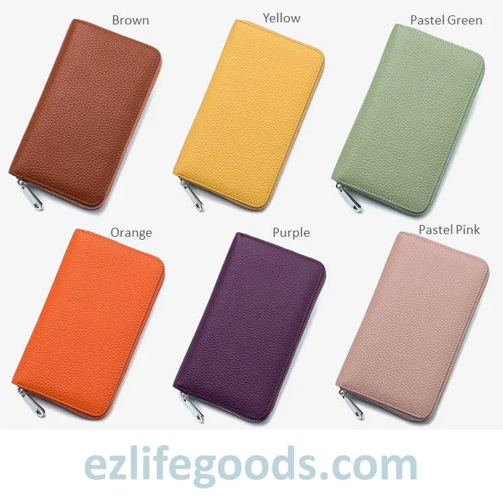 RFID Genuine Leather All Around Zipper Wallet for Women, High Capacity Long Wallet Phone Purse