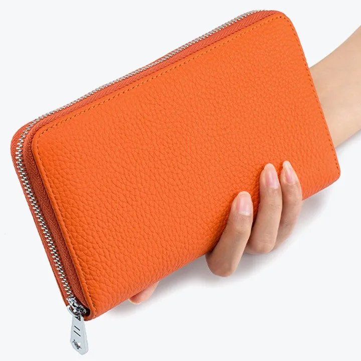 RFID Genuine Leather All Around Zipper Wallet for Women, High Capacity Long Wallet Phone Purse