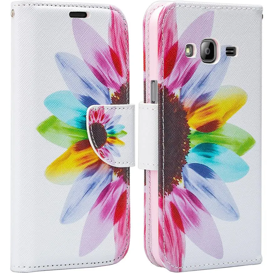 Samsung Galaxy Core Prime Wallet Case, Wrist Strap Flip [Kickstand] Pu Leather Wallet Case with ID & Credit Card Slots, Sun Flower