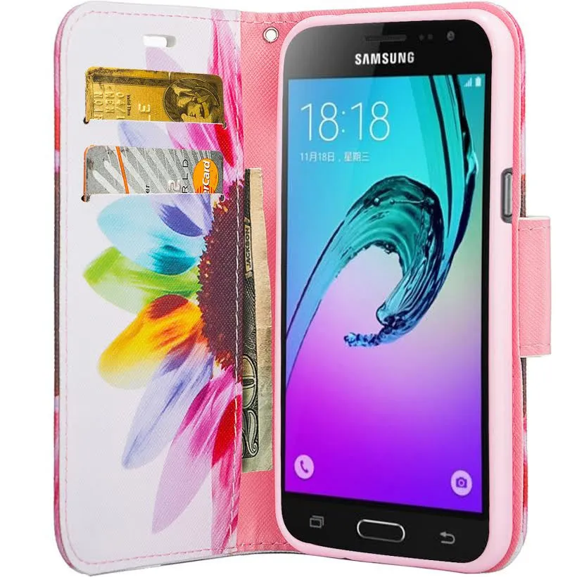Samsung Galaxy Core Prime Wallet Case, Wrist Strap Flip [Kickstand] Pu Leather Wallet Case with ID & Credit Card Slots, Sun Flower