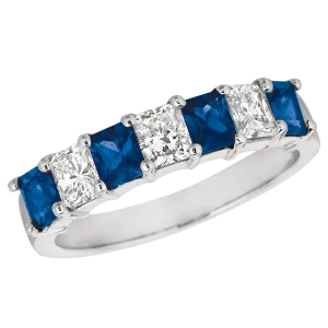 Seven Stone Platinum Radiant Diamond and Sapphire Ring
