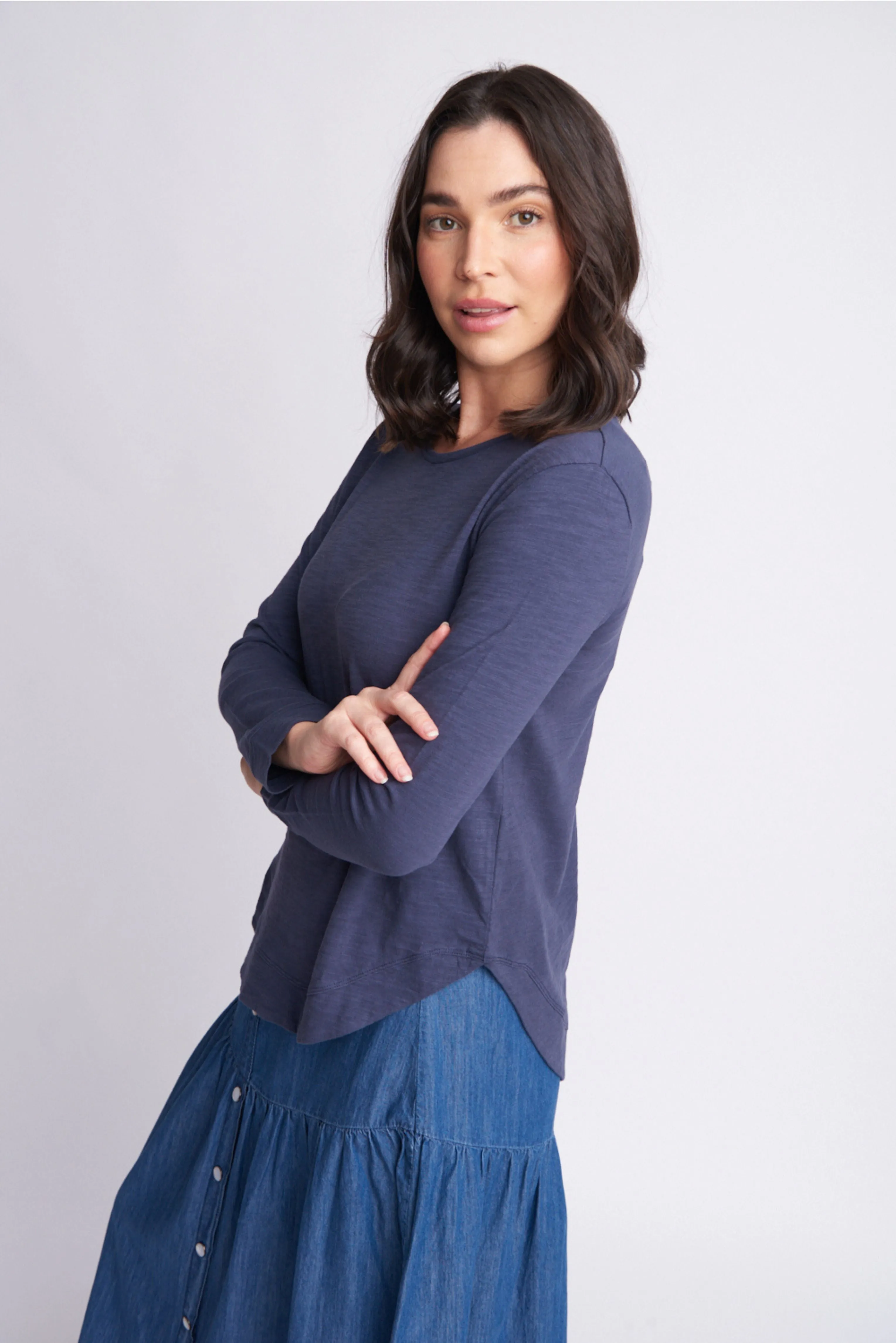 Shaped Hem Cotton Tee Navy