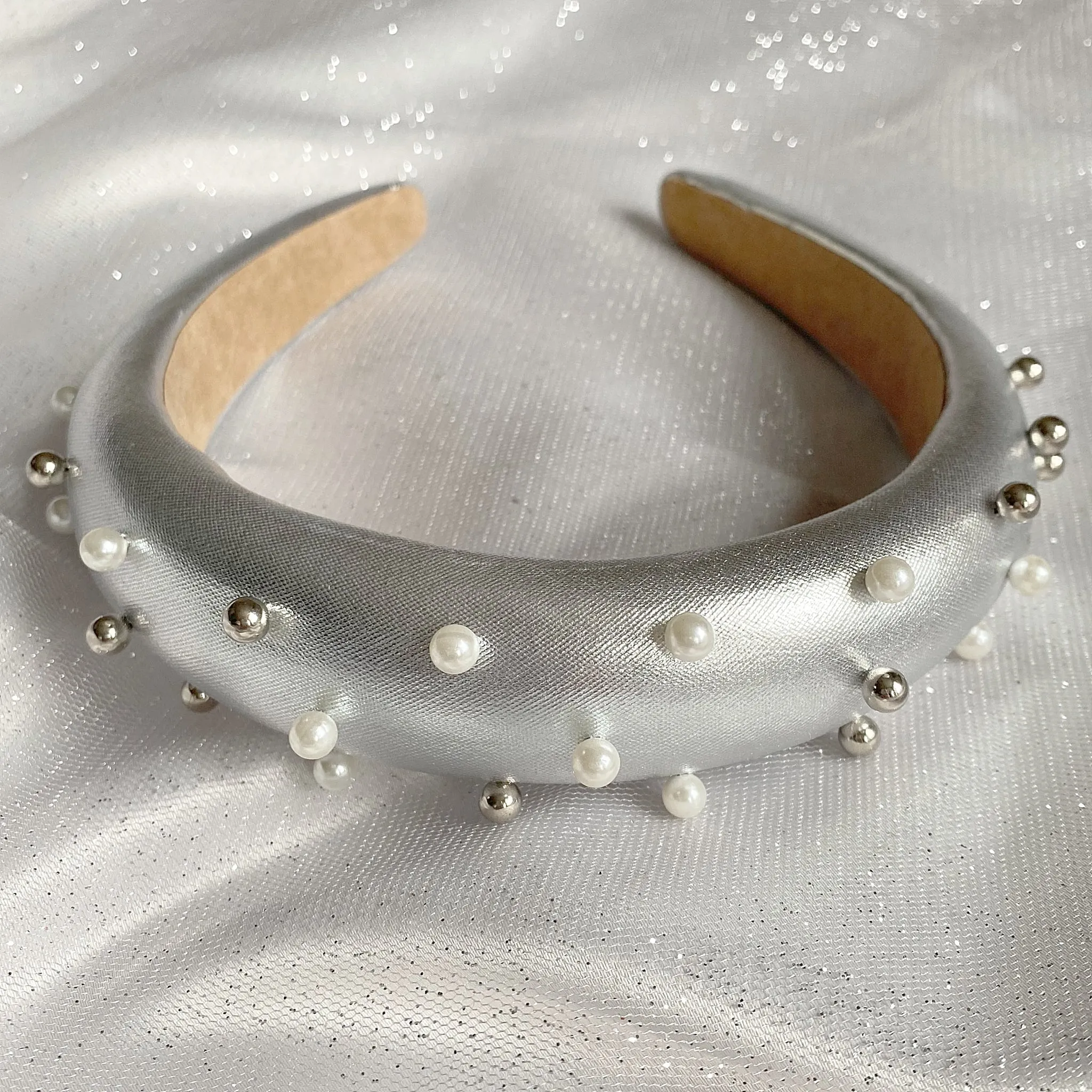 Silver Padded Headband with Pearls
