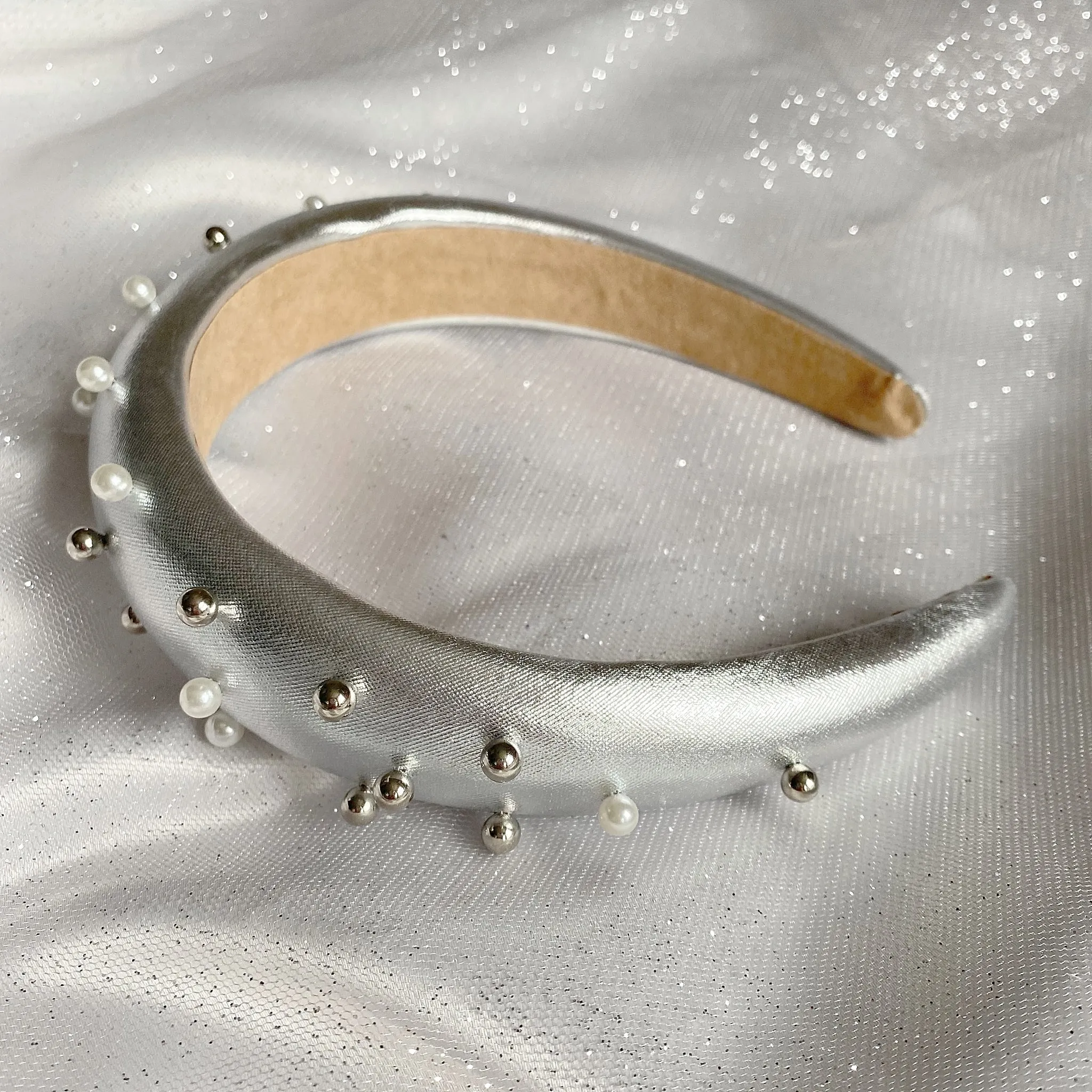 Silver Padded Headband with Pearls