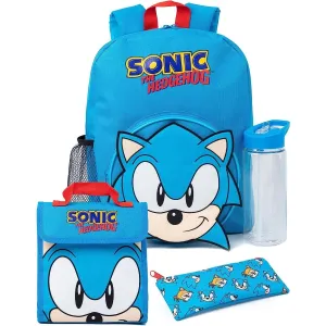 Sonic The Hedgehog Backpack Set Kids 4 Piece | Blue Tails Animated Character School Bag Lunch Box Pencil Case Water Bottle