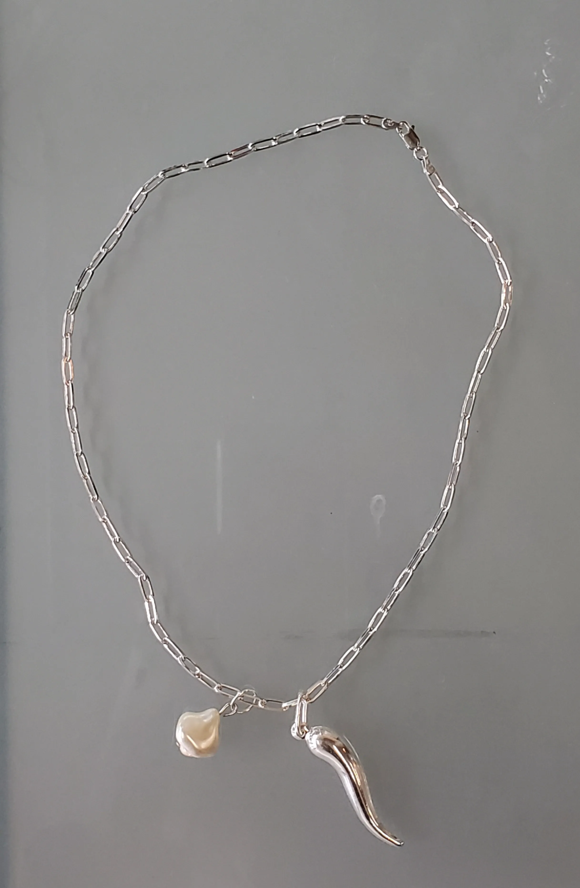 Sterling Paperclip Link Chain Necklace with Horn and Pearl