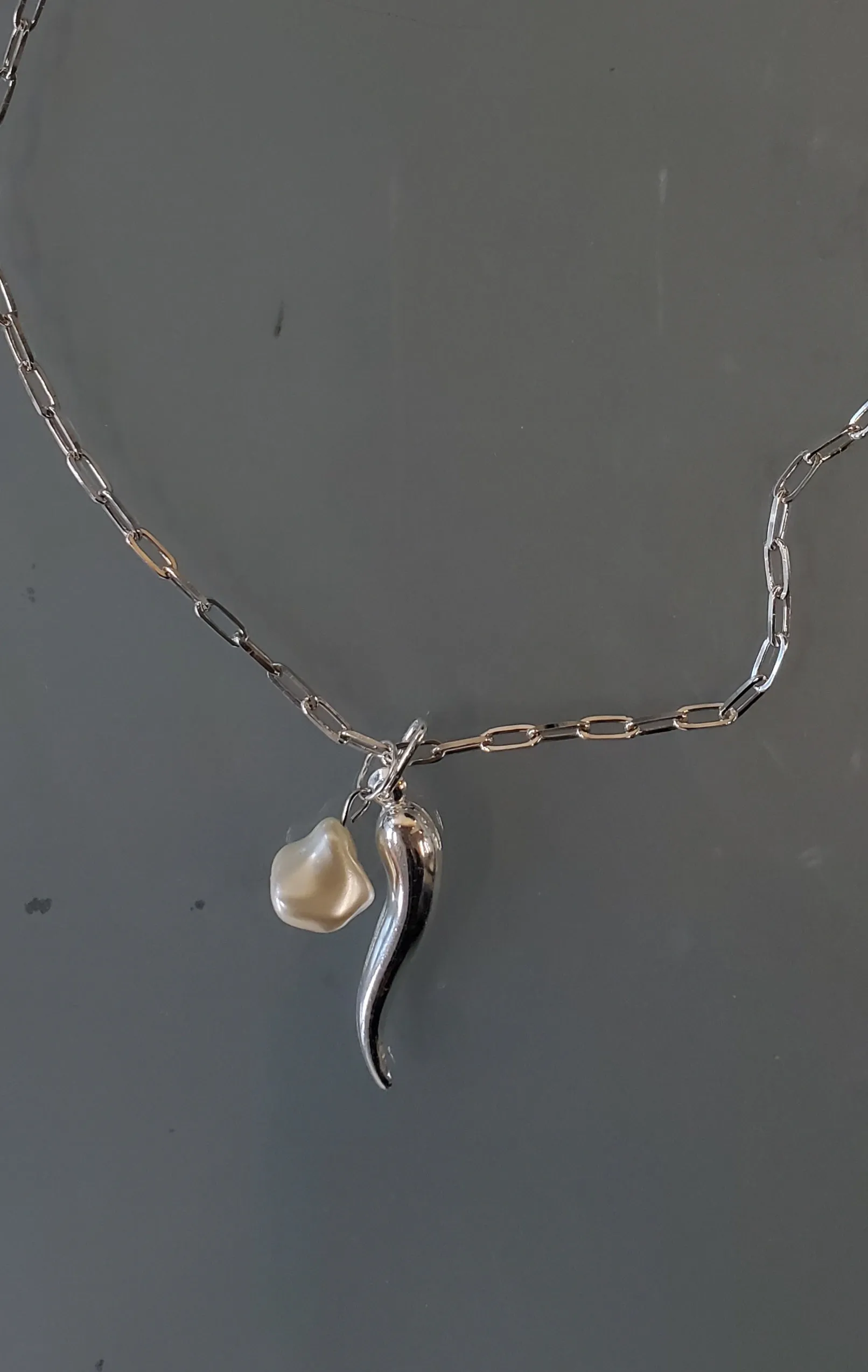 Sterling Paperclip Link Chain Necklace with Horn and Pearl