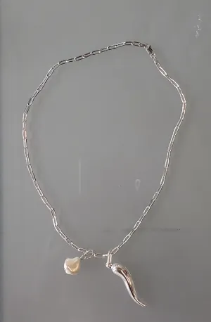 Sterling Paperclip Link Chain Necklace with Horn and Pearl