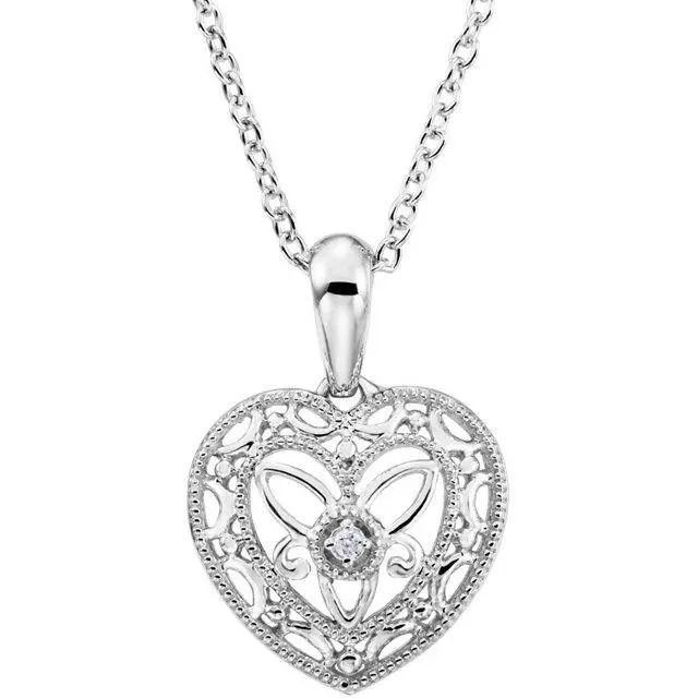 Sterling Silver Vintage Inspired Diamond Heart 18" Necklace