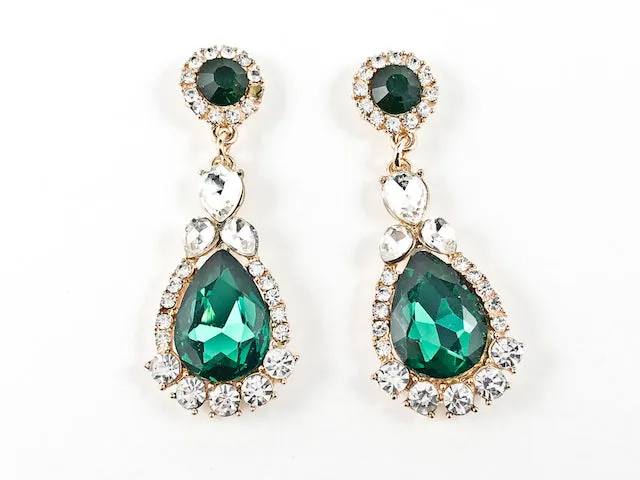 Stylish Elegant Round & Pear Shape Green Color Crystal Dangle Gold Tone Fashion Earrings